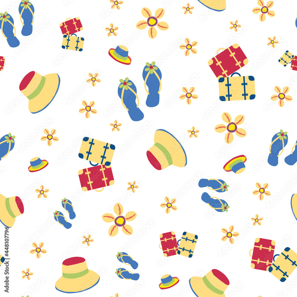 Fototapeta premium Luxury vector travel seamless pattern background. Suitcases, flip flops, cowrie shells, suitcases backdrop. Gold purple repeat with vacation icons scattered design. For summer, beach holiday concept