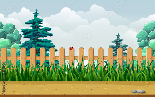 seamless countryside or garden landscape with wooden fence, grass, trees and bushes. nature endless parallax game background. farm or backyard cartoon style illustration. summer horizontal scene