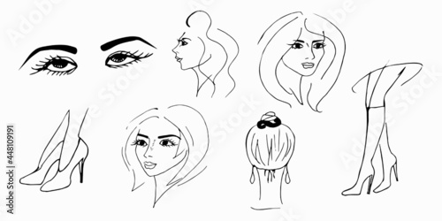 Set of hand-drawn female image design elements. Vector illustration of black lines on a white background.