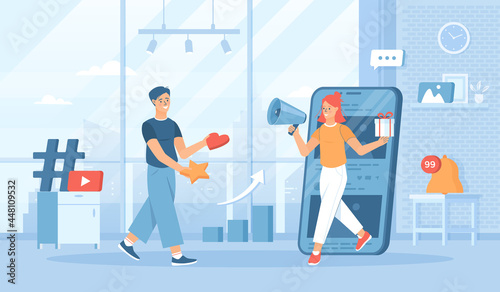 Social Media Marketing SMM concept Digital communication Advertising strategy for promoting brand, goods, services on the Internet through social networks. Flat cartoon vector illustration with people