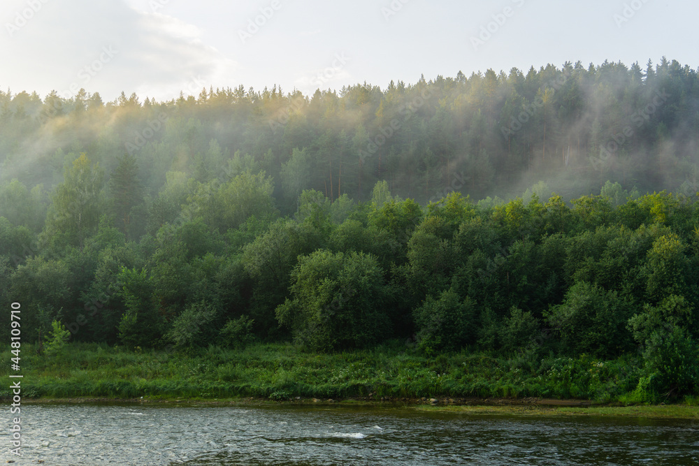 Fog in the forest by the river. Evaporation over the forest in the rays of the sunset. The river bank is overgrown with forest, mountainous area. Fog in the forest by the river. Evaporation over the forest in the rays of the sunset. The river bank is overgrown with forest, mountainous area.
