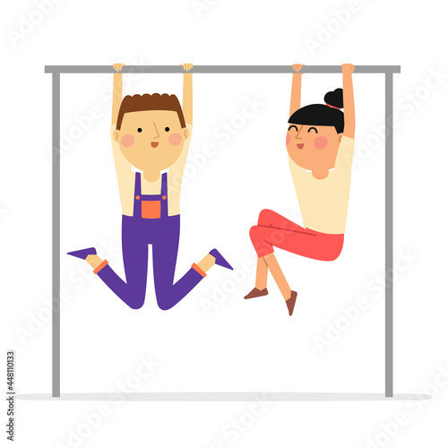 Happy children hanging on a horizontal bar vector illustration. Cute flat style boy and girl playing outdoors isolated on white. Smiling kids characters having fun on playground, active childhood.
