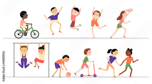 Happy children playing outdoors vector illustration. Flat style diverse kids isolated on white background. Cute active girls and boys, group of people together. Joyful childhood concept, summertime
