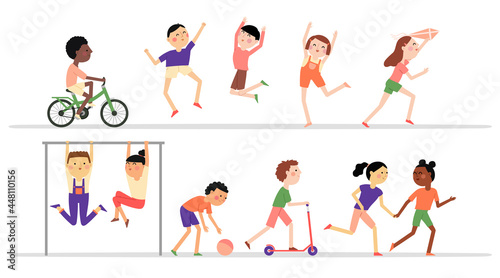 Wallpaper Mural Happy children playing outdoors vector illustration. Flat style diverse kids isolated on white background. Cute active girls and boys, group of people together. Joyful childhood concept, summertime Torontodigital.ca
