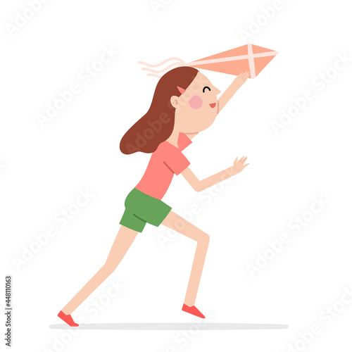 Happy caucasian girl running with a kite vector illustration. Flat style smiling kid playing outdoor isolated on white. Cute female child holding kite in hand. Summer children activity concept