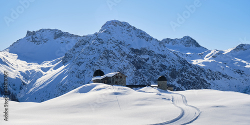 Former Chur astronomical observatory, now closed, on the Arosa-Lenzerheide ski domain, Switzerland, during Winter.