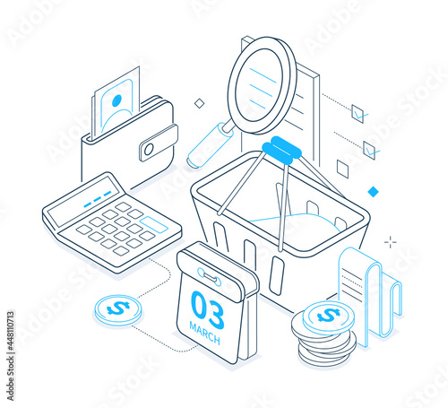 Cost planning - black and blue isometric line illustration