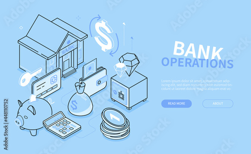 Bank operations - blue line design style isometric banner