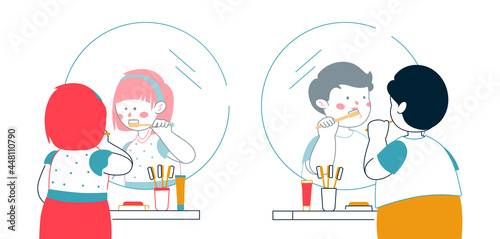 Children brushing teeth - colorful line design style illustration