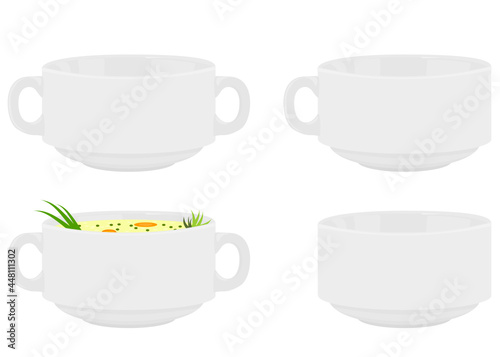Set of 4 plates empty, with soup, one handle, two handles, no handles svg vector ullustration