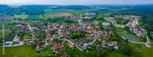 Aerial view of the city Burk Germany, Bavaria on a cloudy day in Spring