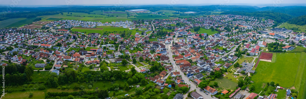 Aerial view of the city Oggenhausen in Germany, Bavaria on a sunny day in Spring