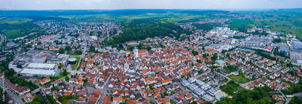 Aerial view of the city Giengen in Germany, Bavaria on a sunny day in Spring