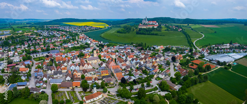 Aerial view of the city and monastery Neresheim in Germany, Bavaria on a sunny day in Spring