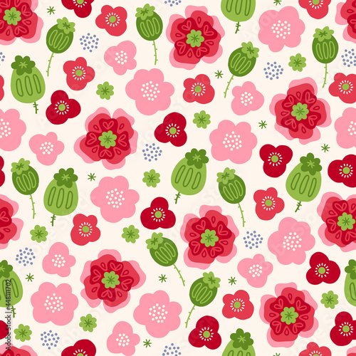 Floral seamless pattern with poppy, pink and red flowers