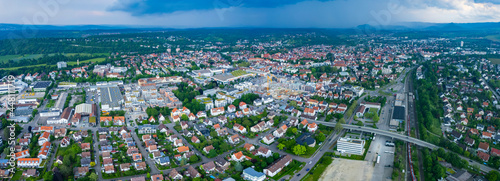 Aerial view of the city Kirchheim unter Teck in Germany on a cloudy rainy day in Spring