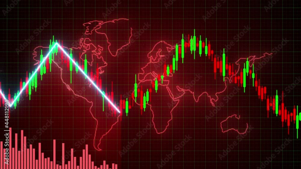 Motion of red green candle stick graph chart of stock market trading with animated world map background, Bullish Bearish stock point. Economy trends charts for business. Financial investment concept. Motion of red green candle stick graph chart of stock market trading with animated world map background, Bullish Bearish stock point. Economy trends charts for business. Financial investment concept.