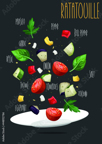 Ratatouille. Traditional French stew of summer vegetables. Vector illustration
