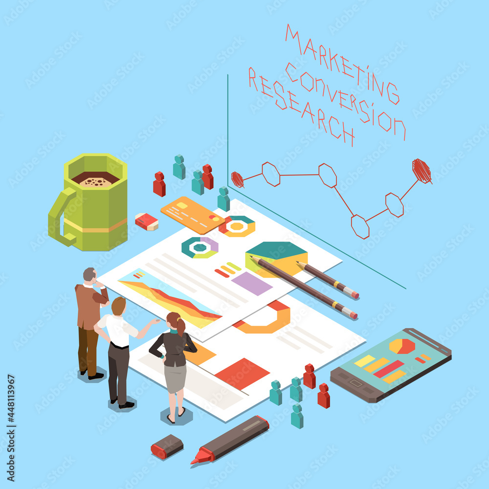 Isometric Concept With Business People Discussing Conversion Rate Optimization Strategy Marketing Research 3D Illustration