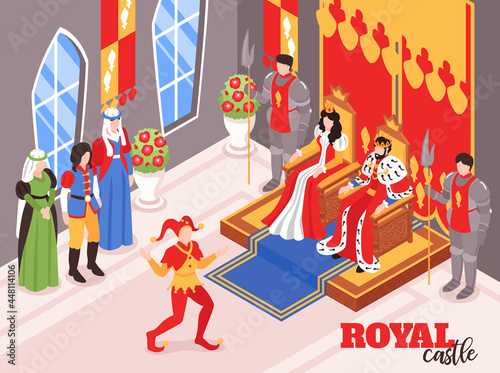Isometric Castle Royal King Queen Interior Indoor Composition With Characters Courtiers Crown Bearing Persons Illustration