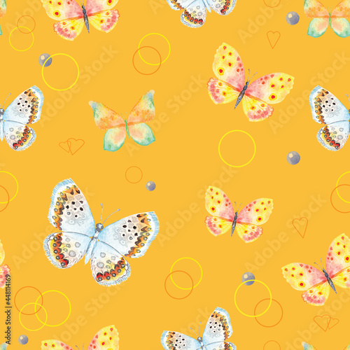 watercolor butterfly isolated on yellow background. Seamless pattern