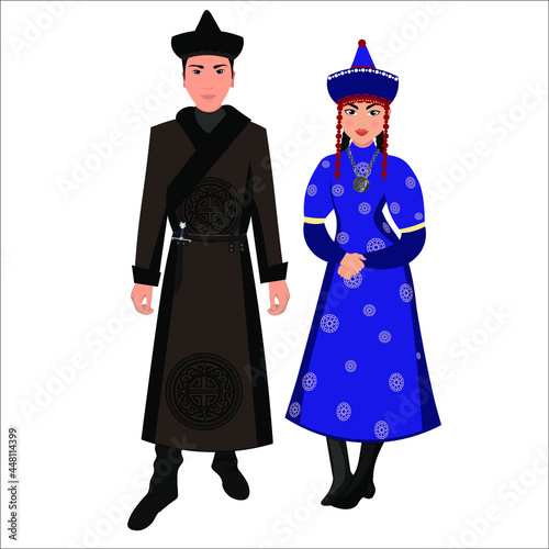 Woman and man in folk national Buryat costumes. Vector illustration