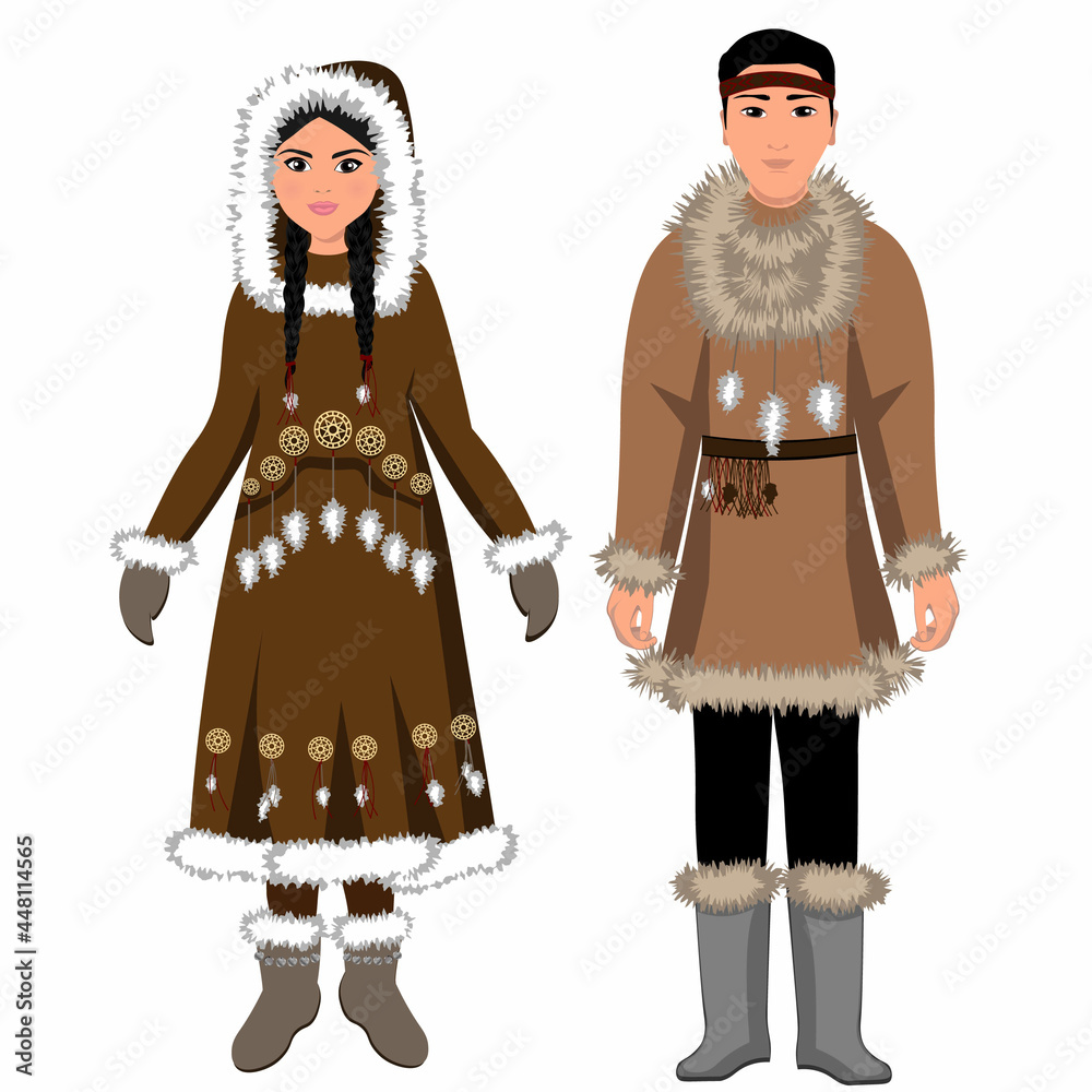 Woman and man in folk national Chukotka costumes. Vector illustration