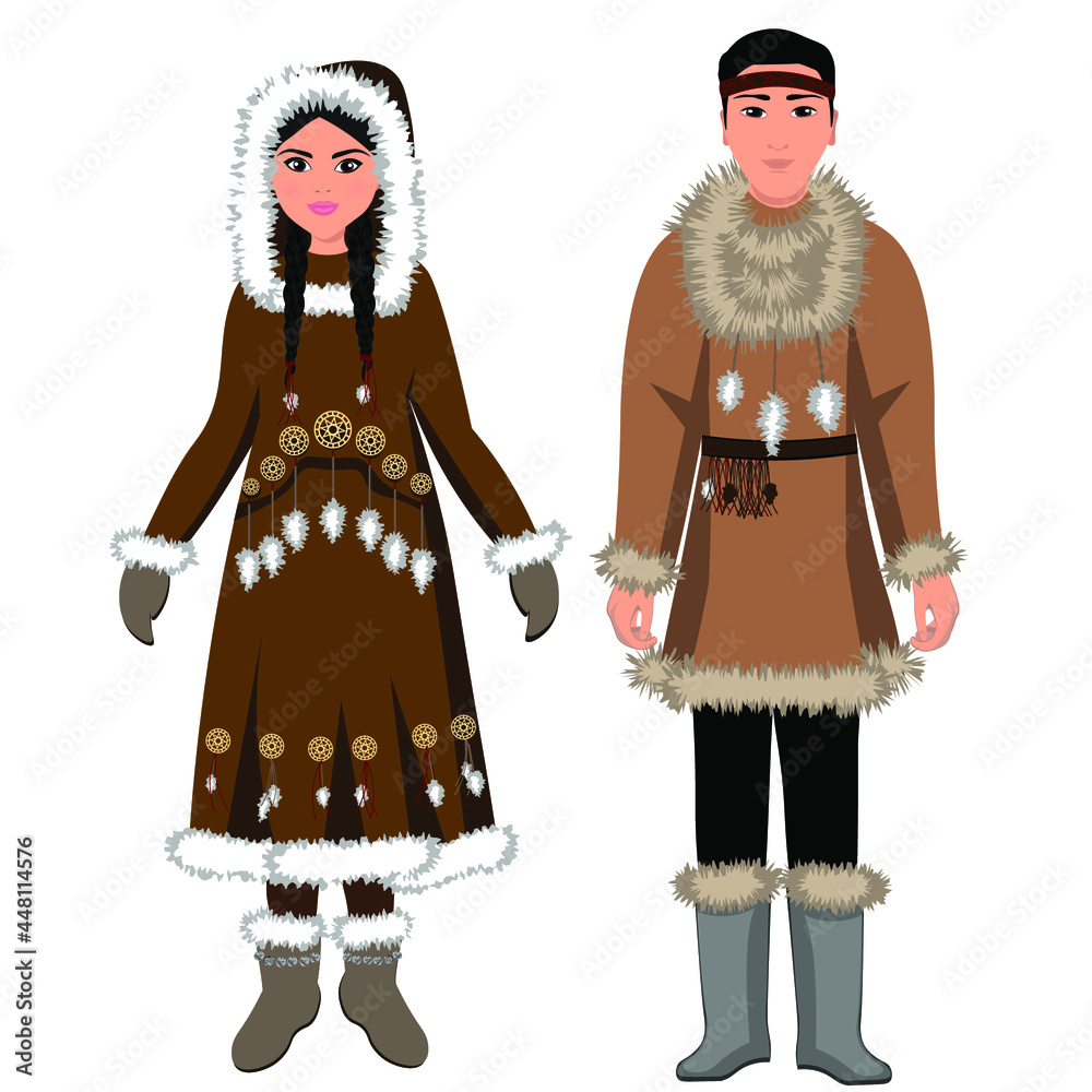 Woman and man in folk national Chukotka costumes. Vector illustration