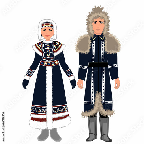Woman and man in folk national Yakut costumes. Vector illustration
