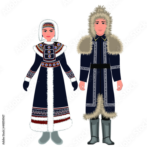 Woman and man in folk national Yakut costumes. Vector illustration