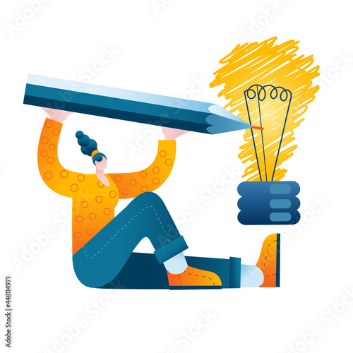 The girl draws her imaginary idea with a large pencil. Vector illustration is a metaphor on the topic of visualization of a successful idea.