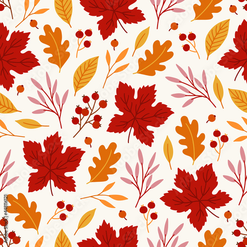 Autumn seamless pattern with berries  maple and oak leaves