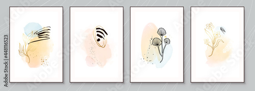 Teal and Peach Abstract Watercolor Compositions. Set of soft color painting wall art for house decoration or invitations. Minimalistic background design. Vector wall art plants in minimalist style.