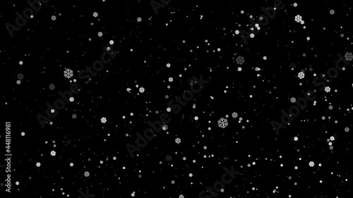 Snow Falling. Christmas Snowstorm. Particles and Snowflakes Swirling. Snow is Moving Through Space. 4k Motion Graphics Isolated on Alpha Channel