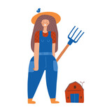 Young female farmer in uniform with pitchfork, woman profession. Isolated female character with barn. Thendy flat vector illustration.