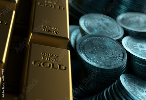 a pile of gold bars and a scattered pile of bitcoins. Placed on table. 3d render