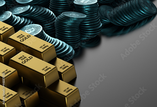 a pile of gold bars and a scattered pile of bitcoins. Placed on table. 3d render