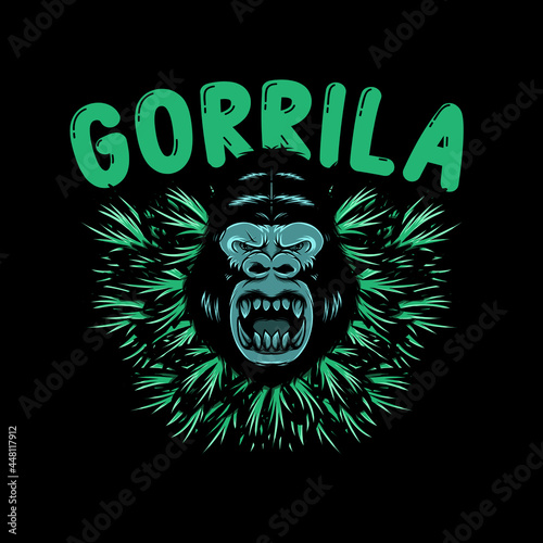 illustration of gorilla head with green marijuana leaf and letters for logo and t-shirt