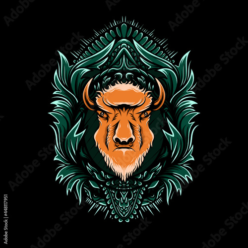 buffalo head with bandana ornament and illustration on black background