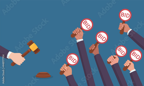 Auction sale buyer competition and legal finance trade. Human competitor hand holding paddle plate with bid text and auctioneer hammer to close deal vector illustration for auction and bidding design