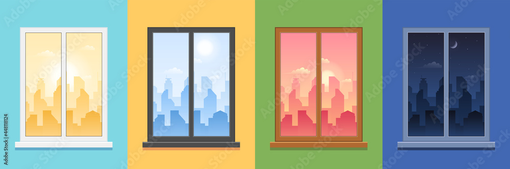 Different daytime city landscape view from window set. Modern urban ...