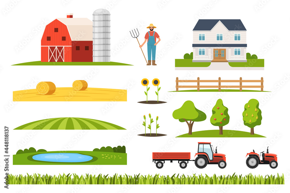 Farm infrastructure constructor set with farmer and tractor. Set of gardener and farmhouse, farmland transport machinery, orchard garden, lake, rural plantation village kit vector illustration