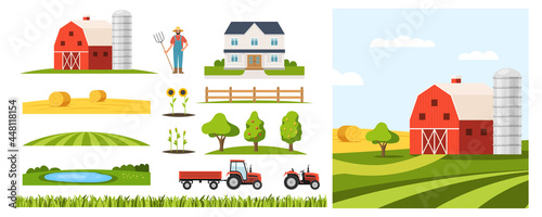 Farmland constructor with agriculture machinery and fields. Farmer or gardener with farm village building, equipment and landscape as wheat, grass, tree and hill vector illustration