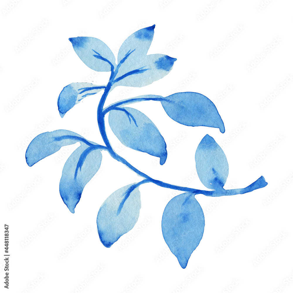 Watercolors, green leaves, blue leaf, flowers on a branch. Olive, tropical, field branches.Illustration for wedding design, invitations and postcards.