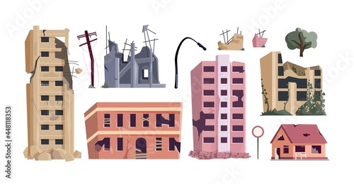 Abandoned houses, old real estate, damaged apartment set. Dwelling destruction, cracked residential poverty in poor and poverty condition vector illustration isolated on white background