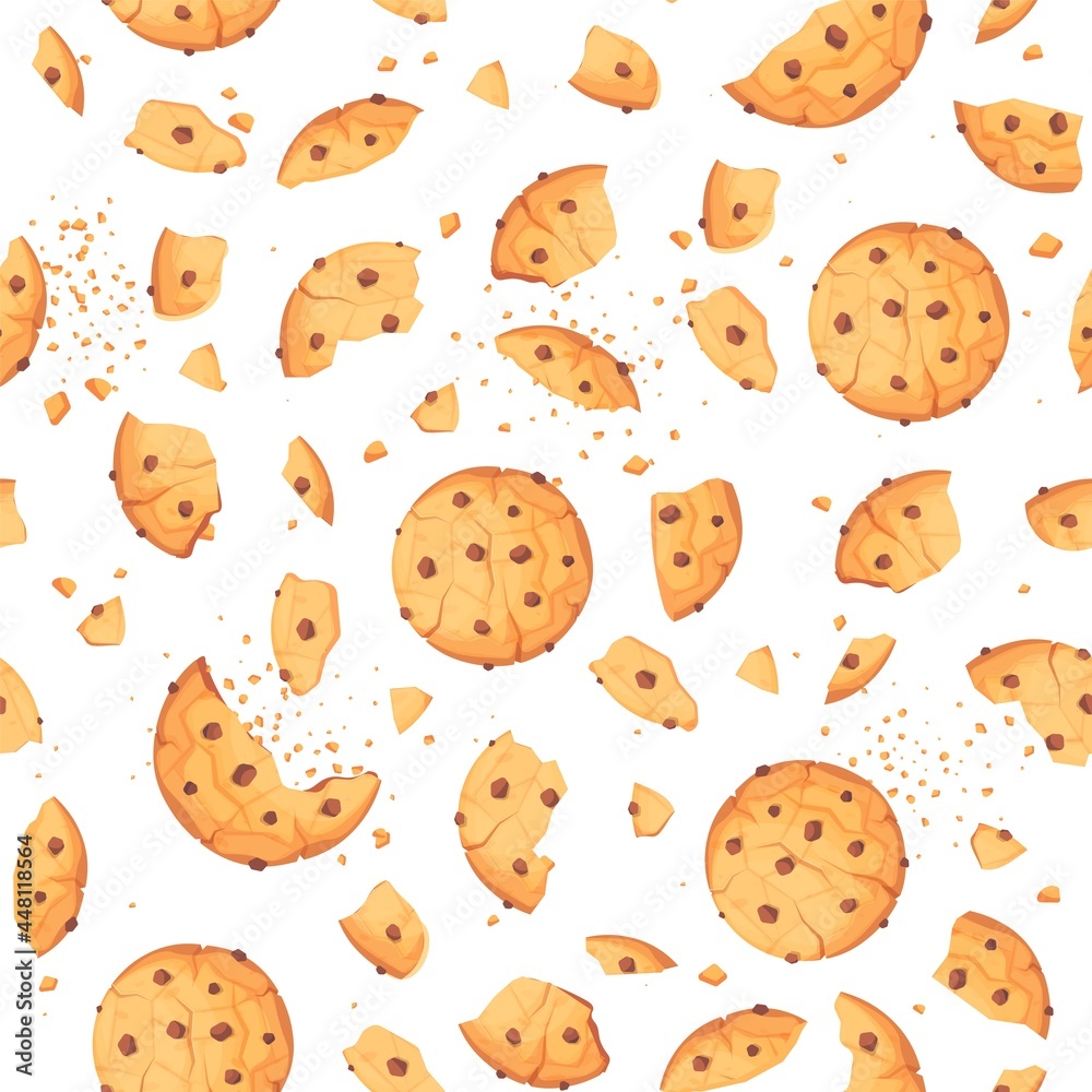 Bitten and broken cookie, whole biscuits seamless pattern. Wallpaper