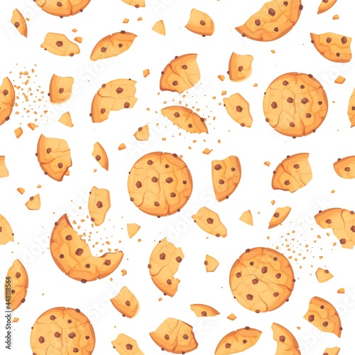 Bitten and broken cookie, whole biscuits seamless pattern. Wallpaper with round homemade choco crunchy chip and cracker crumbs pastry sweet food continuity repeated vector illustration