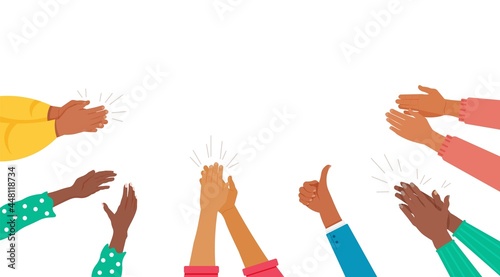 Applaud hands of multicultural people crowd giving respect. Man and woman greeting, thanking, supporting and congratulating with success vector illustration on white background photo