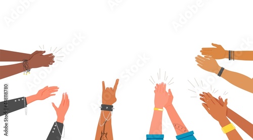 Human hands clapping positive inspirational support gesture. Friendly congratulation for good teamwork. Multiracial people crowd arms ovation vector illustration over white background