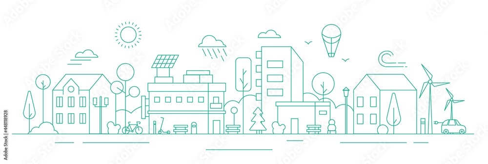 Eco friendly city landscape flat outline graphic sketch. Skyscraper real estate building with solar panel and wind turbine alternative power sources generator silhouette vector illustration